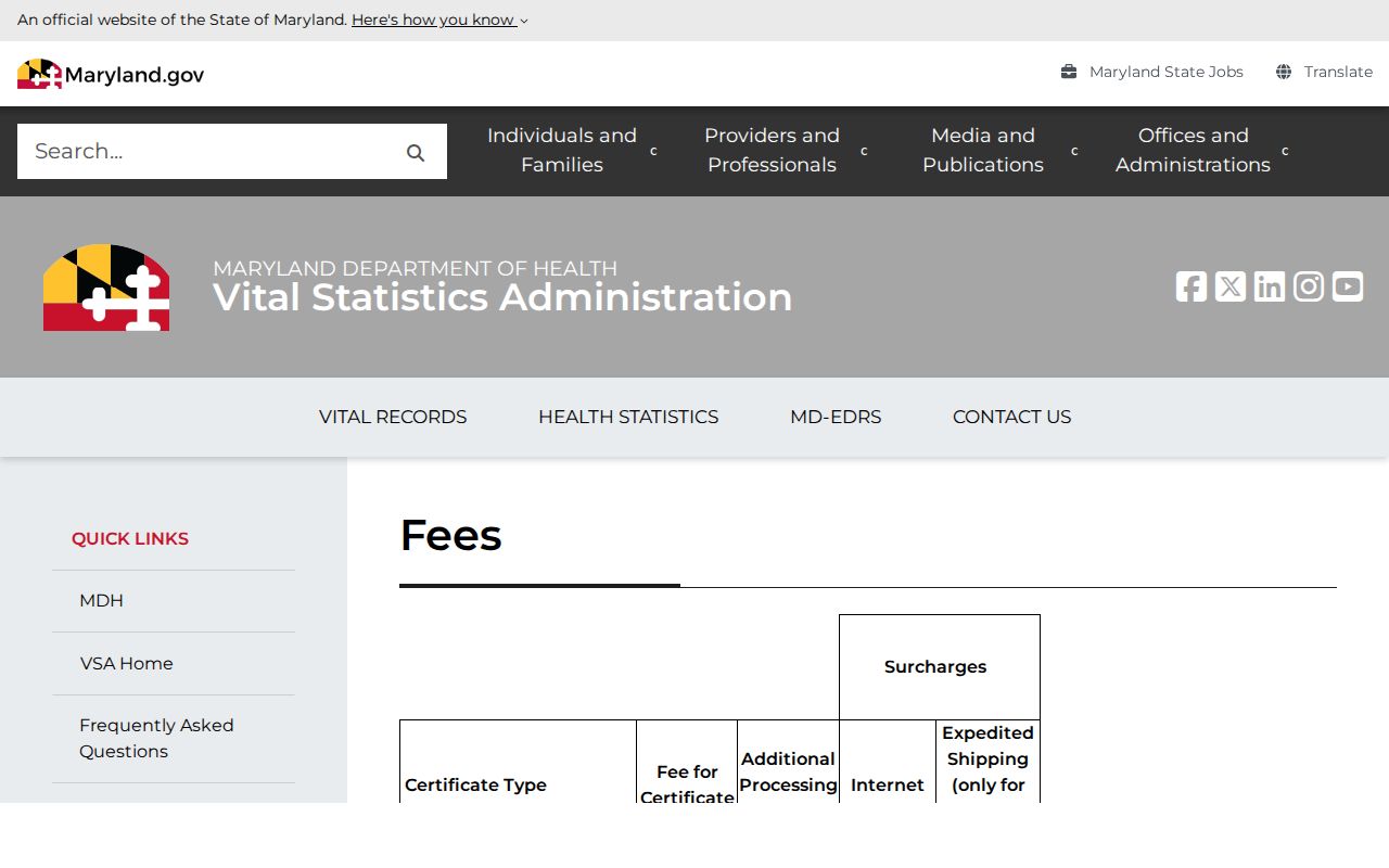 Clarksburg public records Maryland vital certificate fee schedule