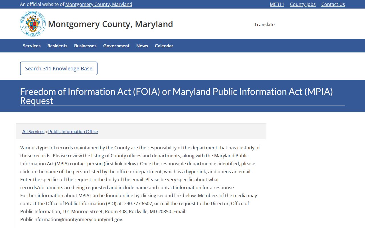 Clarksburg public records request routing under the Montgomery County MPIA process