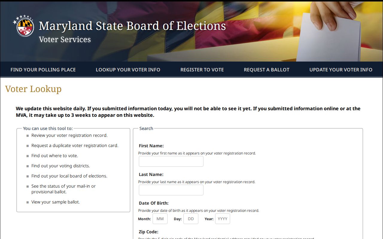 Clarksburg voter registration records lookup form from Maryland elections